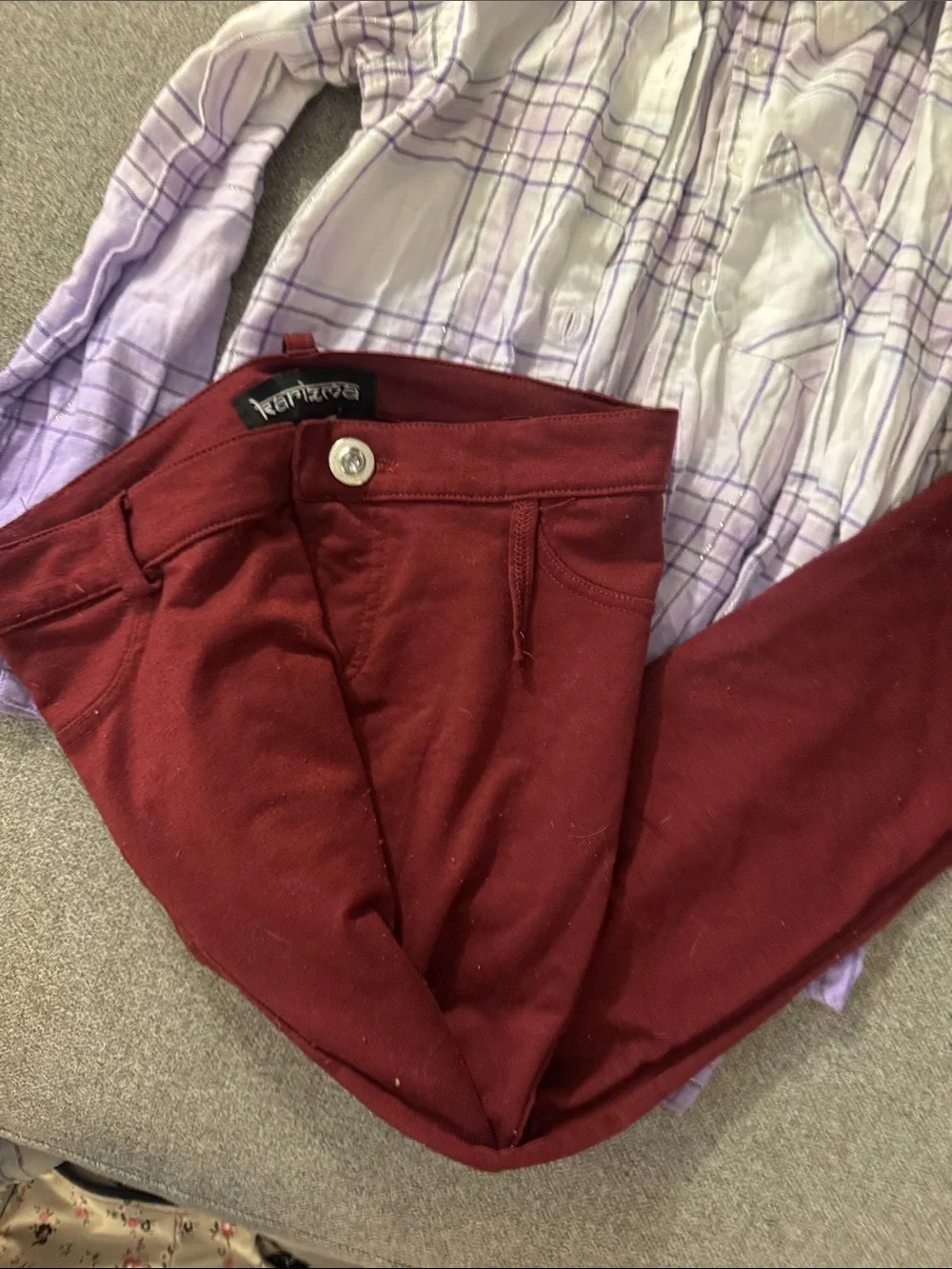 5/$15- Girls' Purple Plaid Button-Up Shirt with Burgundy Rhinestone Jeans